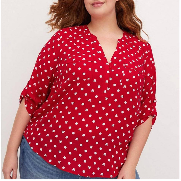 Torrid 2 (2X) Disney Minnie Mouse Polka Dot Georgette Harper Red Blouse Shirt - Picture 1 of 3
